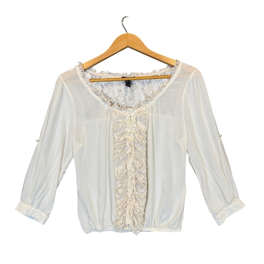 F.A.N.G Ruffle Lace Trim Blouse Top Womens 3/4 Roll Tab Sleeve Size M Ivory